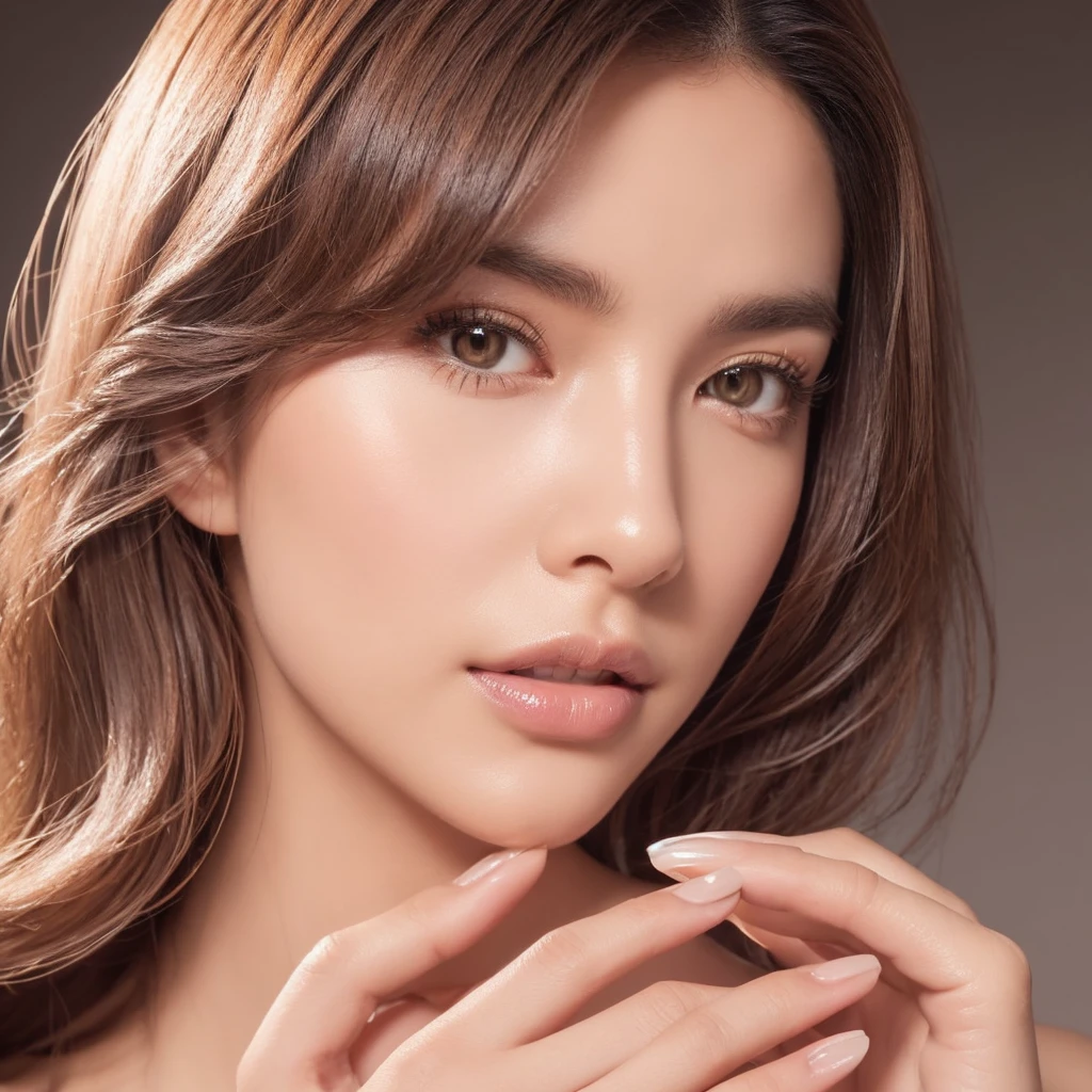 A close-up portrait of a Japanese woman in a studio setting, showcasing her expertly styled, light-colored hair that exudes a fresh-from-the-salon look. Her hair has natural, dynamic movement with soft waves and layers that frame her face beautifully. The hairstyle features subtle volume at the roots, with expertly crafted layers that cascade down, creating a sense of depth and dimension. Light catches the various strands, highlighting the multi-tonal aspects of the color and emphasizing the hair's healthy shine and texture. Her eyes are the focal point, featuring long, voluminous eyelashes that are perfectly curled and defined. A precise, dark eyeliner accentuates her eyes, with a subtle wing at the outer corners. Her cheeks have a soft blush, adding a warm glow to her complexion. Her right hand is elegantly positioned, gently touching her right cheek. The hand is anatomically correct with all five fingers visible and naturally posed. Each finger joint is appropriately bent, maintaining a natural shape. The fingertips are smooth, with clear, well-defined nail lines. She has dusty pink nail polish on her oval-shaped nails of moderate length, which are clearly visible and prominently displaying the nail art. The studio lighting brilliantly illuminates her face, hair, and hand, particularly emphasizing her eyes, eyelashes, eyeliner, and the dynamic movement of her hair, while also highlighting the outlines of the fingers and the details of the nails. The lighting creates a interplay of light and shadow that accentuates the hair's texture and movement. The background is pure white, creating a clean and bright atmosphere with no other elements present. Ensure the background is completely white and empty.
