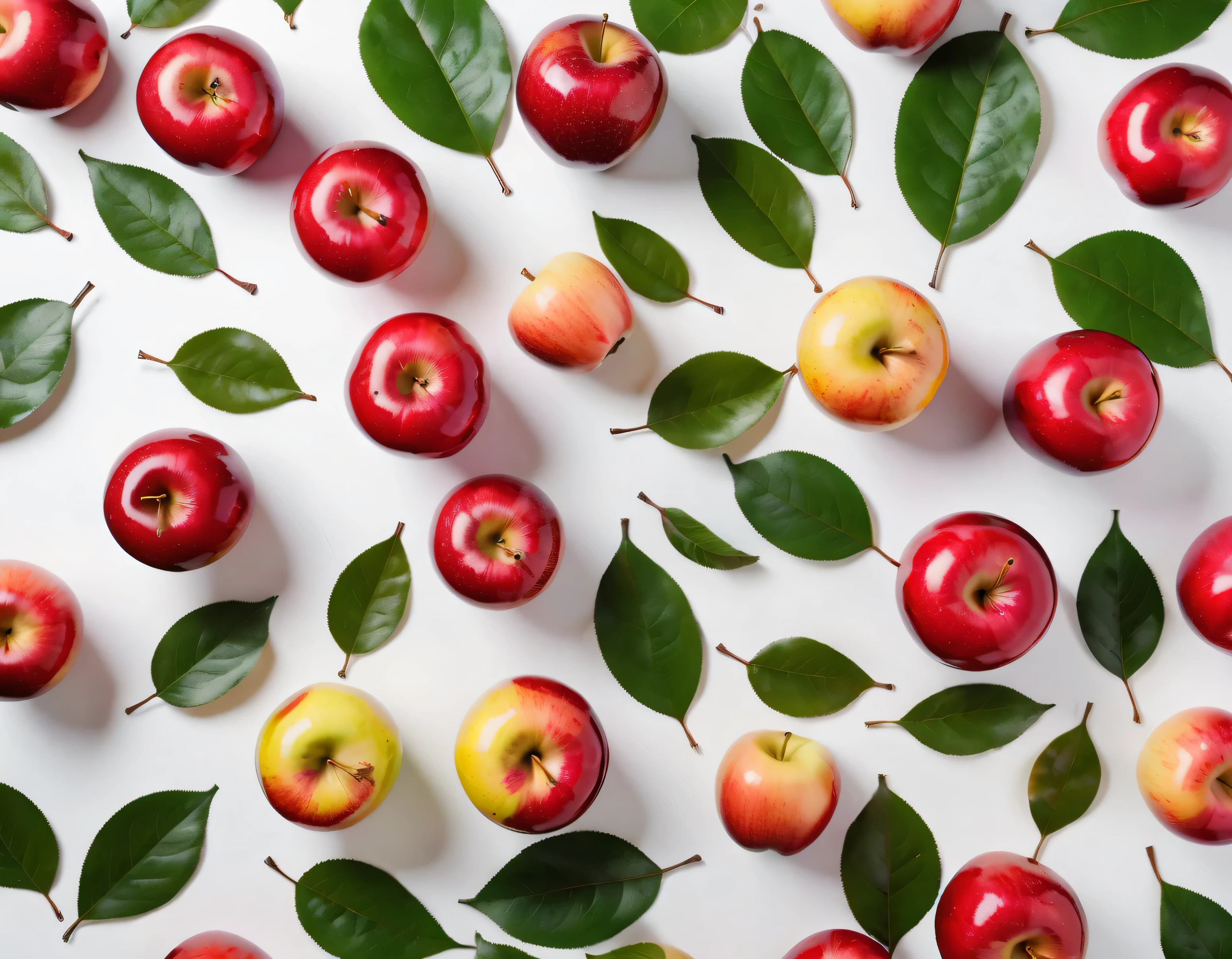 White background, mop leaves, and ripe red apples are all over the corners of the white background,