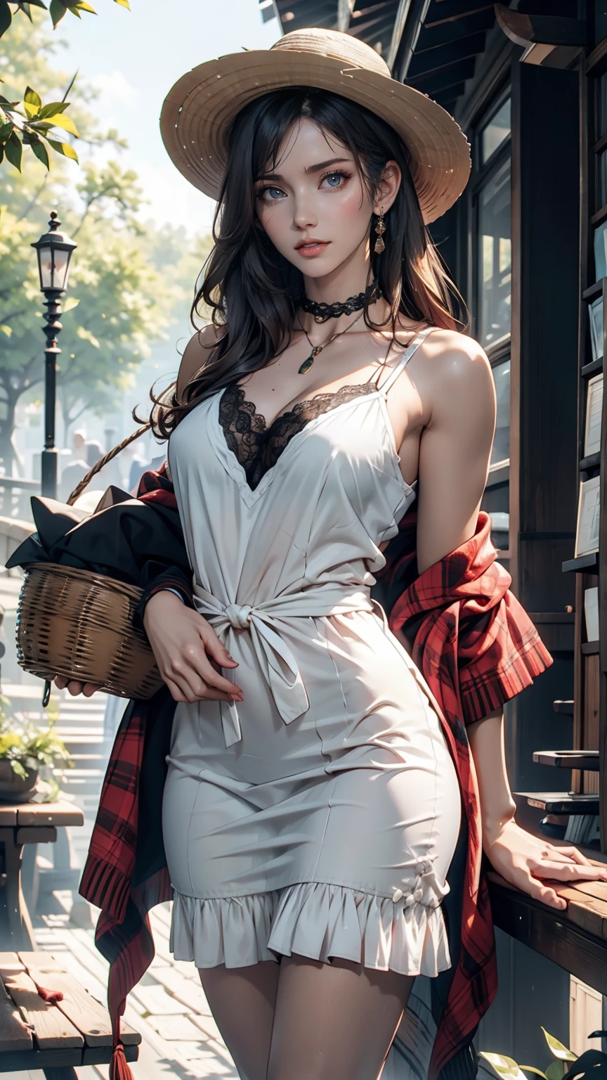 ((最high quality, 8k, masterpiece: 1.3, Ultra HD, high quality, 最high quality, High resolution, realism)) 、 24-year-old woman、Sexy proportions、Sexy、Narrow waist、mature female body、Summer dress with lace embellishment、Wear a lace cardigan、Heel、Holding a rattan basket(It contains sandwiches and water bottles.)、picnic、Ribbon-decorated choker、Wide-brimmed hat decorated with ribbon、A stroll along a beautiful forest path bathed in sunlight