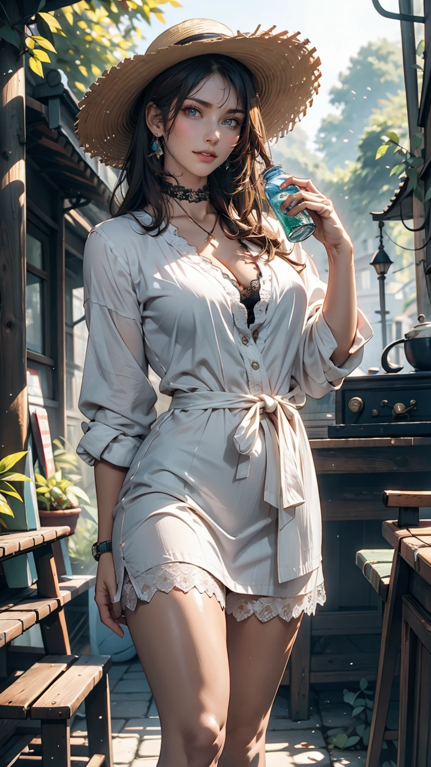 ((最high quality, 8k, masterpiece: 1.3, Ultra HD, high quality, 最high quality, High resolution, realism)) 、 24-year-old woman、Sexy proportions、Sexy、Narrow waist、mature female body、Summer dress with lace embellishment、Wear a lace cardigan、Heel、Holding a rattan basket(It contains sandwiches and water bottles.)、picnic、Ribbon-decorated choker、Wide-brimmed hat decorated with ribbon、A stroll along a beautiful forest path bathed in sunlight