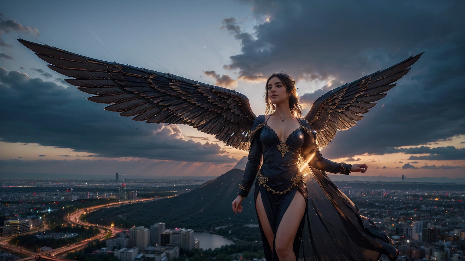 Create a realistic image of a figure with ornate wings. Dress in neat clothes Soar above the twilight landscape with clouds and the aura of the city below. The statue's posture conveys grace and elegance. As they glided through the air with their wings spread wide and the fabric of their clothes flowing luxuriously.