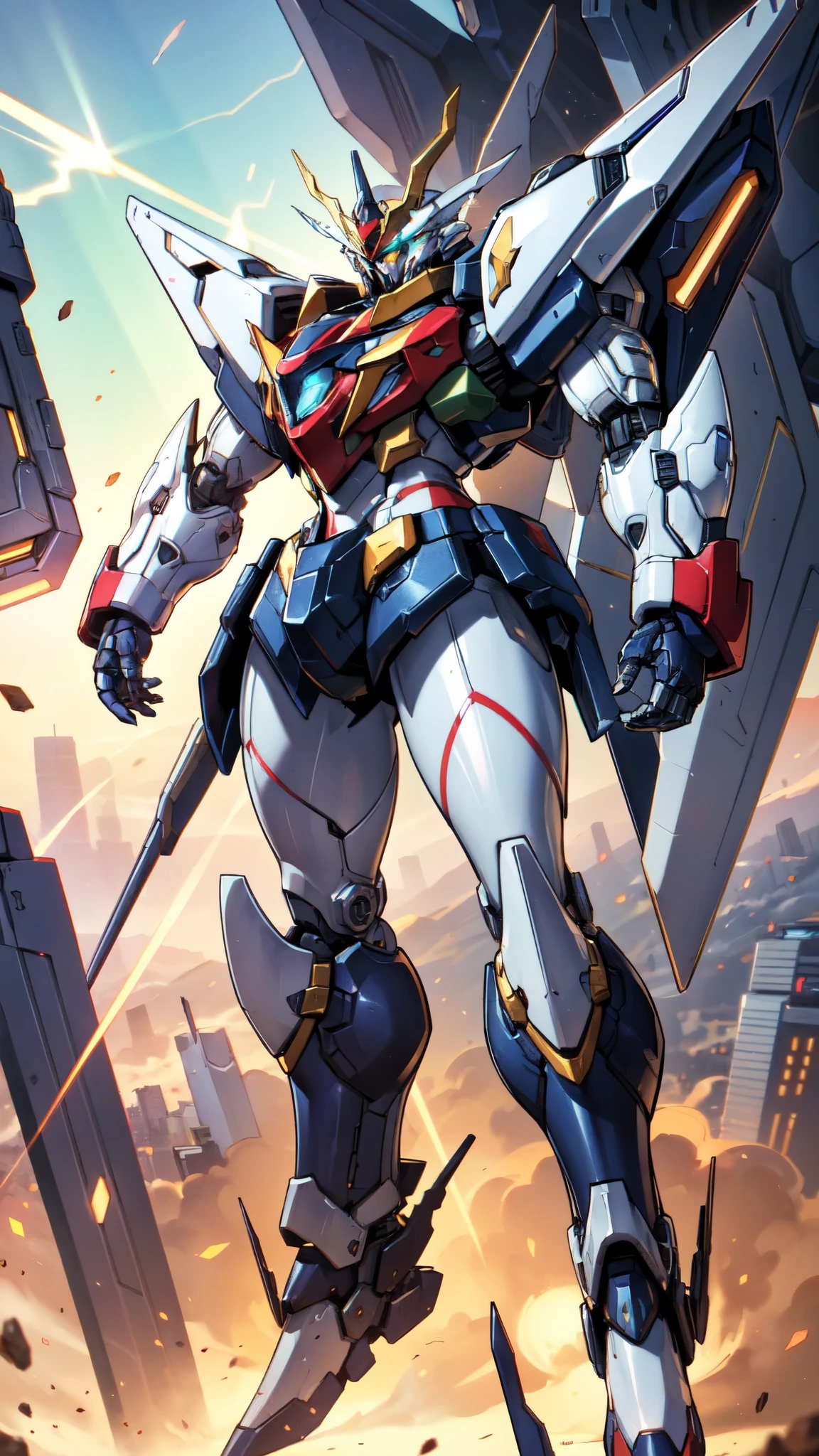 (masterpiece:1.5, best quality:1.5, extremely delicate:1.5), humanoid Mecha, fully enclosed shoulder guards, matching arm and leg guards, full body, full armor, the design balances heavy with agility, (the color scheme is primarily white with red and blue accents, the concept Inspired by Super robot, organic biotech armor, standing, floating high above the futuristic sci-fi city), exquisite and mature art style, (aura effect, energy, glowing eyes, the armor glows), ((SRS)), metallic, dramatic, high definition, highres, ultra-detailed, ultra-fine painting, professional, perfect body proportions, anatomically correct, symmetrical face, extremely detailed eyes and face, high quality eyes, creativity, RAW photo, UHD, 32k, Natural light, cinematic lighting, masterpiece-anatomy-perfect