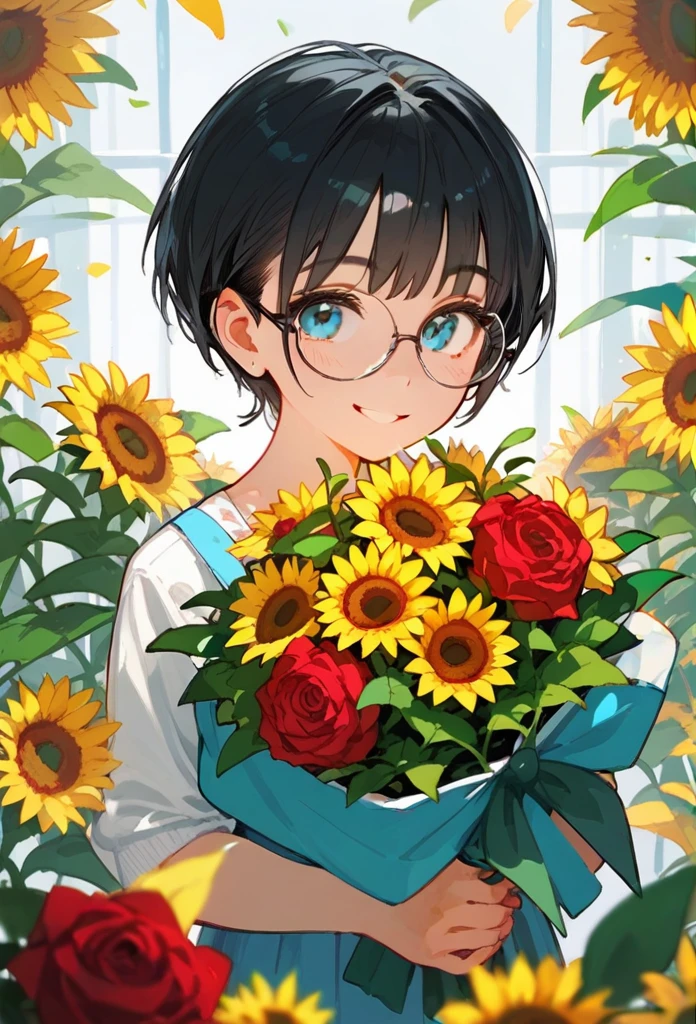 Beautiful girl with glasses, short black hair, Bouquet of sunflowers and red roses, Bright colors, smile, 8K quality, Focus of the film, open your blue eyes