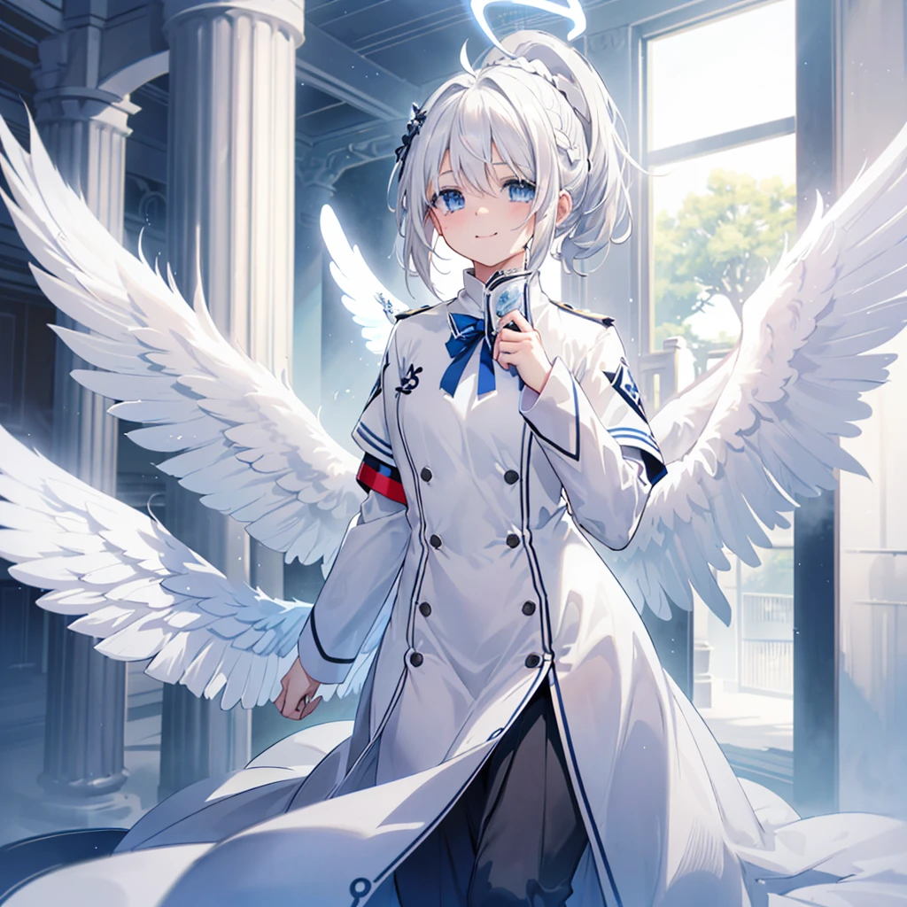 ((((Archangel、Angel Halo Monotone background)))) (((uniform White Hair、ponytail White skin、blue eyes、Pop stareteors))) ((Pillar of Light)) (Tears smile) Shining Edge、Shining Background