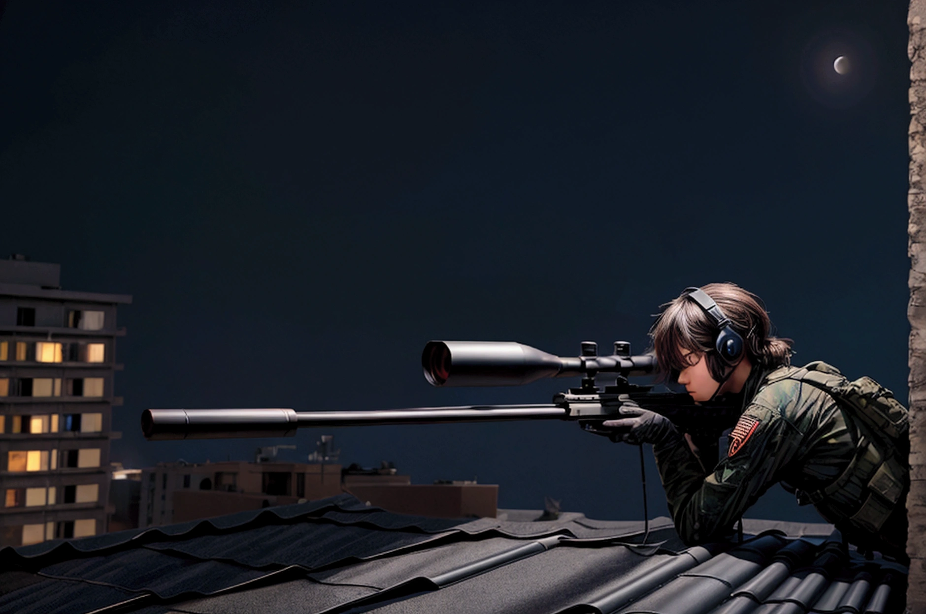 masterpiece,Highest quality,8k,High resolution,Raw photo,Professional,
Physically Based Rendering,Thin contours,
(Night cityscape,A sniper shoots at a target on the roof of another building:1.3),
He hides in a corner of the rooftop with his rifle at the ready. (The rifle is assembled)
(Lie face down with a rifle in hand),(Wearing a black headset),
(I&#39;m excited with anticipation),