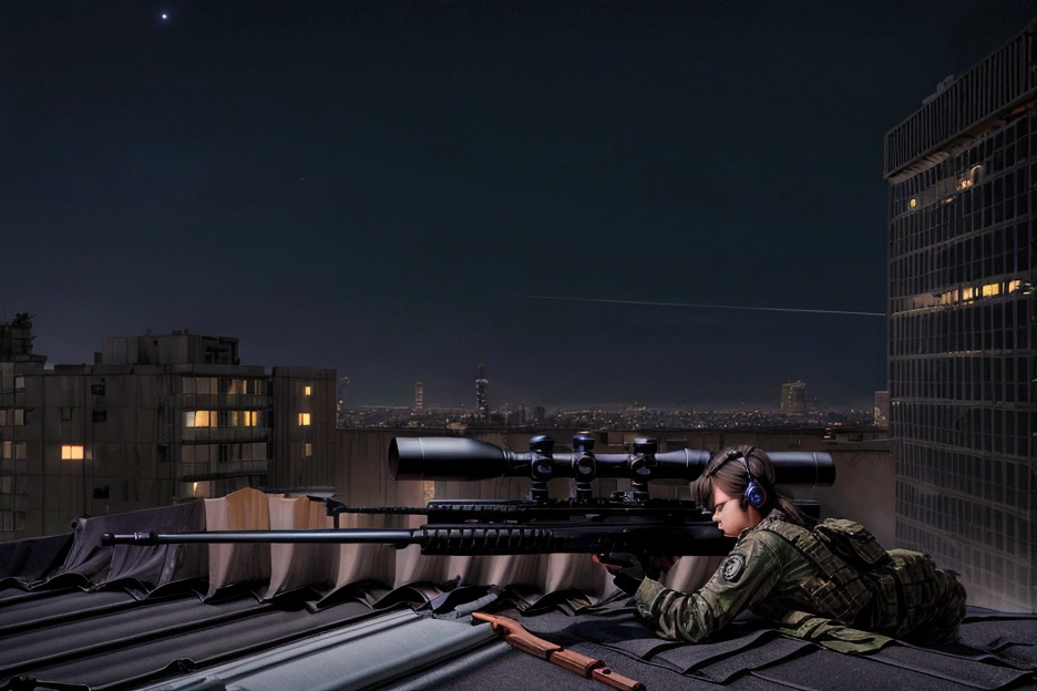 masterpiece,Highest quality,8k,High resolution,Raw photo,Professional,
Physically Based Rendering,Thin contours,
(Night cityscape,A sniper shoots at a target on the roof of another building:1.3),
He hides in a corner of the rooftop with his rifle at the ready. (The rifle is assembled)
(Lie face down with a rifle in hand),(Wearing a black headset),
(I&#39;m excited with anticipation),