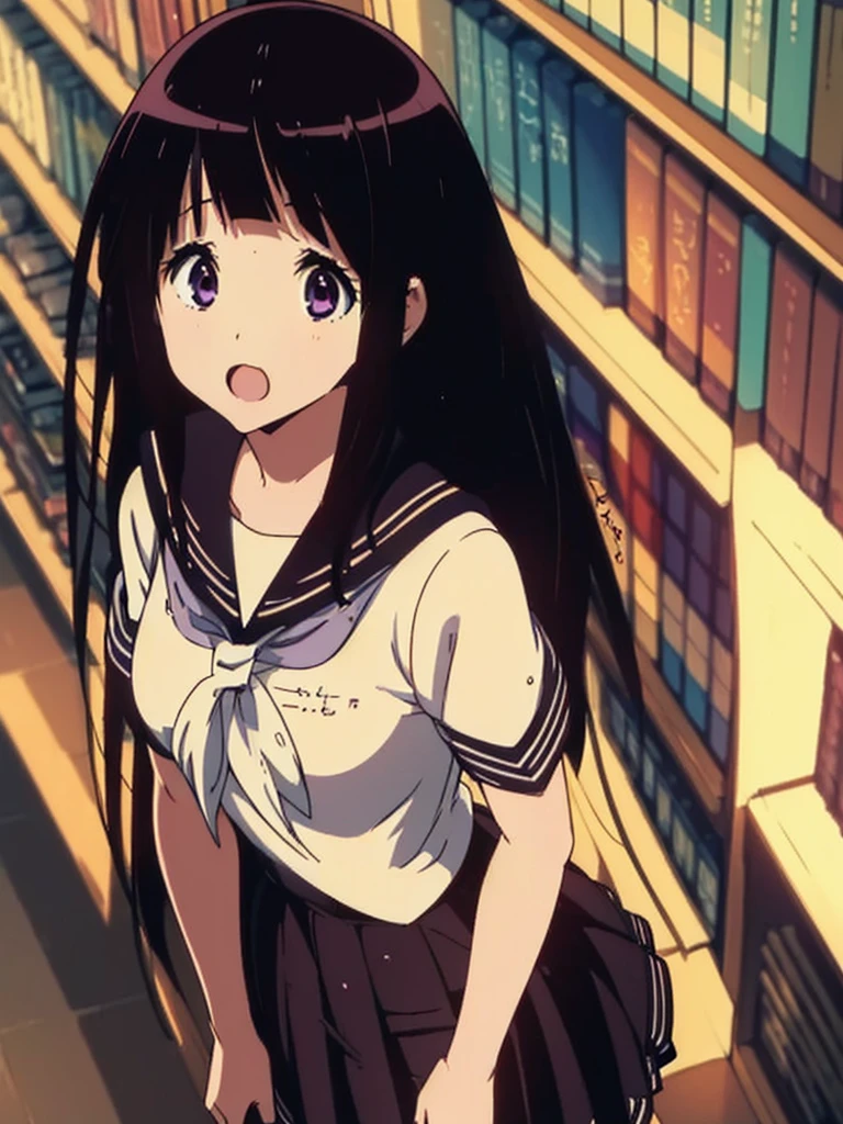 ((masterpiece,best quality,ultra detailed)),((serafuku,sailor suit,(high-waist skirt))),purple eyes,black hair,library,pleated skirt,dress,((cute,anime)),open mouth,curious,detail eyes