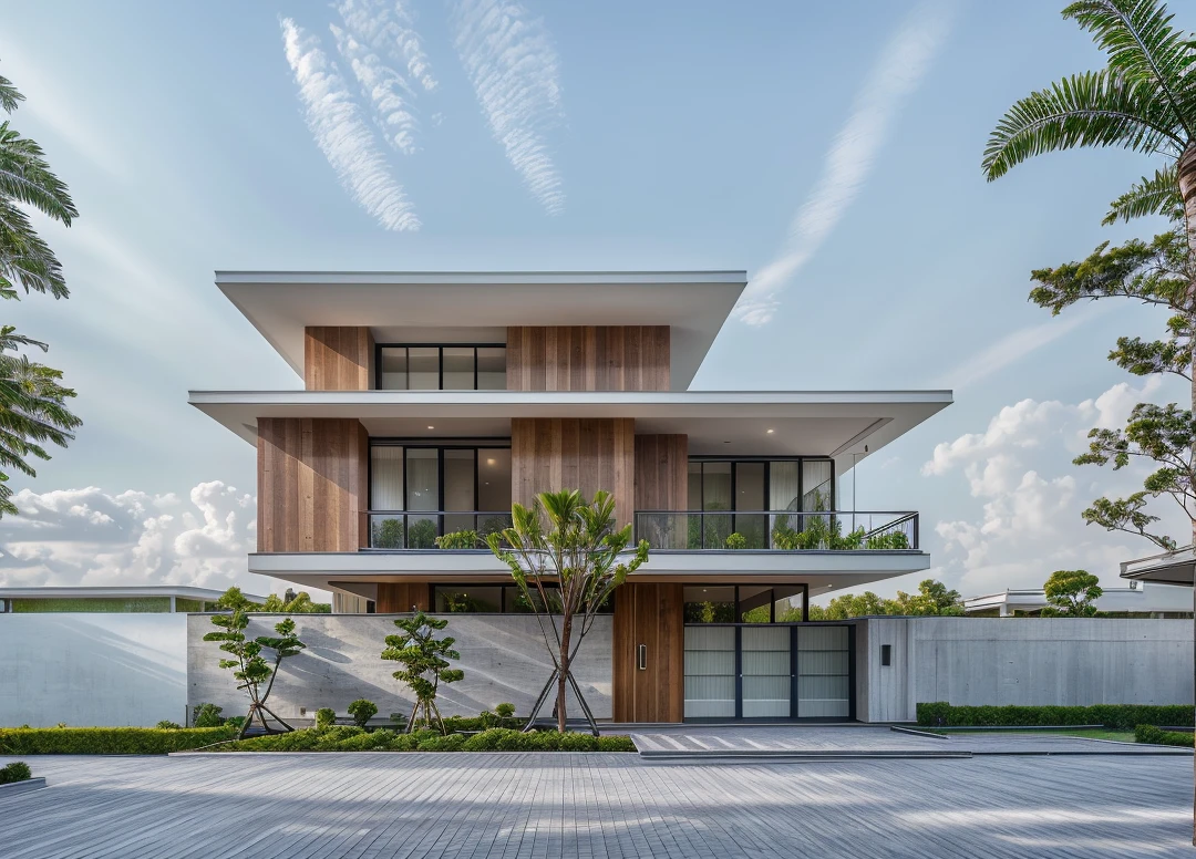 1 main wood door, slope roof, many glass door, concrete, wood wall,white, modern villa, palm, plant, beautiful sky, wood facade, architecture, beautiful, masterpiece, best quality, super detailed, realistic, photorealistic, 8k, sharp focus, droste effect photography, macro photography