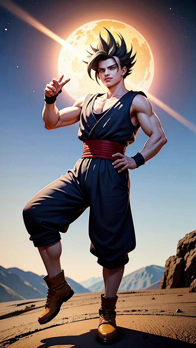 masterpiece, best quality, ultra-detailed,  Gohan 1boy, solo, Full body, evil smile, grey hair, spiked hair, red eyes, dougi, full body, looking at viewer, male focus, earth \(planet\), planet, space, cracked ground and rocks rising up, rubble rising, golden yellow hair