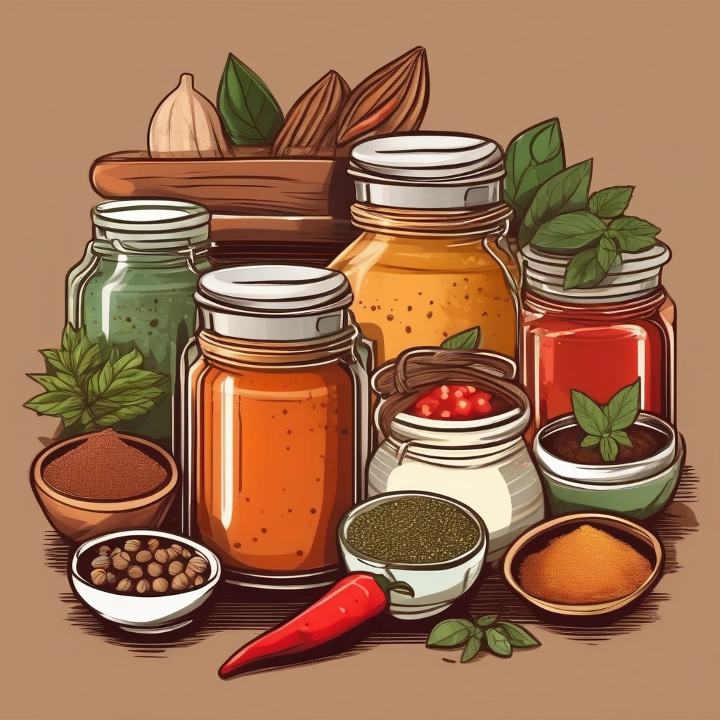 Various spices seasoning Herbs Retro Style On the table An illustration Cute looking