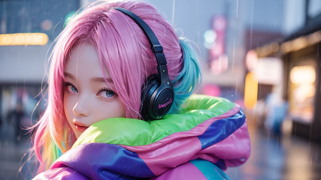 Pastel wind painting, rainbow colours, high quality painting, masterpiece, 4k, animation, pretty girl, pink side-tail hair, pink dress, Listening to music with headphones while holding an umbrella in the rain, I want the images to match 16:9 for YouTube, It's raining in the city background