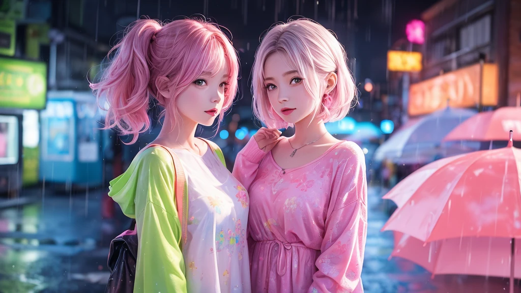Pastel wind painting, rainbow colours, high quality painting, masterpiece, 4k, animation, pretty girl, pink side-tail hair, pink dress, Listening to music with headphones while holding an umbrella in the rain, I want the images to match 16:9 for YouTube, It's raining in the city background