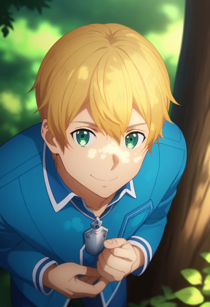 score_9, score_8_up, score_7_up, source_anime, rating_safe, , (photorealistic:0.6), looking at viewer, depth of field, 1boy, solo, male focus, eugeo, yellow hair, green eyes, blue overcoat, blue pants, from above, upper body, forest, noon, leaning on tree, smile, ,