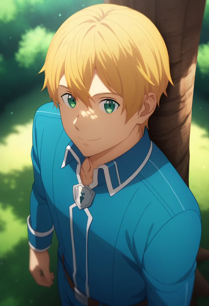 score_9, score_8_up, score_7_up, source_anime, rating_safe, , (photorealistic:0.6), looking at viewer, depth of field, 1boy, solo, male focus, eugeo, yellow hair, green eyes, blue overcoat, blue pants, from above, upper body, forest, noon, leaning on tree, smile, ,