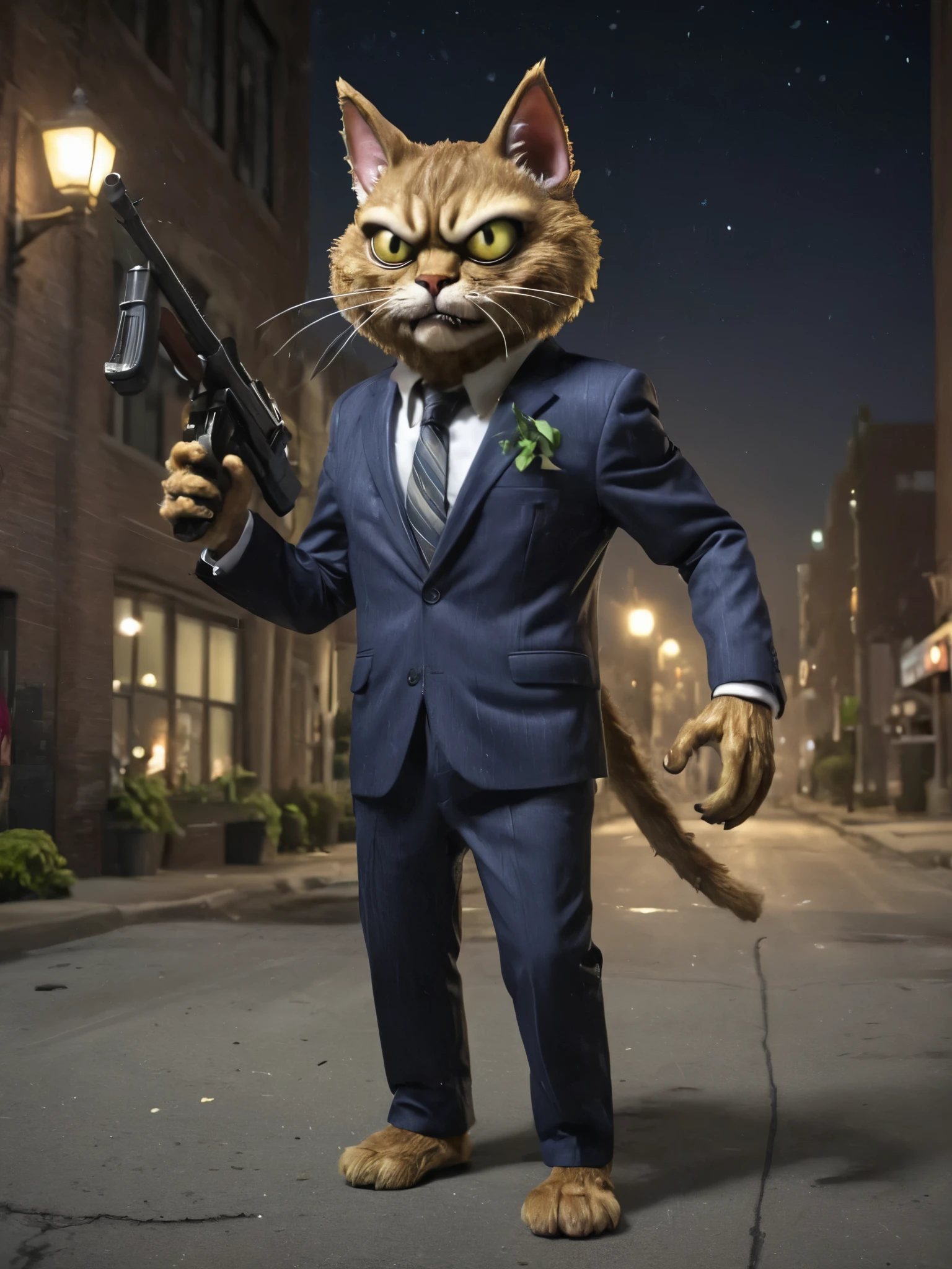 Plants vs. Zombies style, anthropomorphic furry cat in a hanger suit carrying a Tommy gun in a nighttime Chicago street.