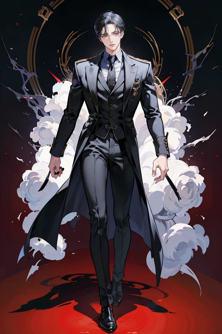 anime - (masterpiece), best quality, seductive eyes, mature face, black eyes, long slicked back black haircut, brown skin, black long sleeve polo, black necktie, long white coat with badges and medals, black pants, tall man, long legs, masculine, massive body, adult-like, full body