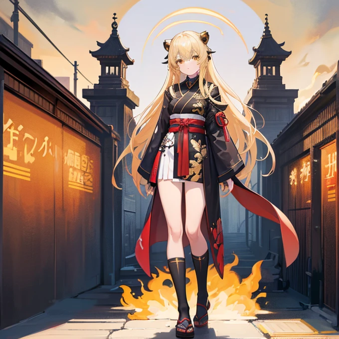 full-body shot(best quality),masterpiece, Very beautiful girl, Very detailed, Amazing, fine details, official art, Super detailed, High resolution, A girl stands in front of a tiger, (Taoism), Beautiful and meticulous girl, There is light on the face, nobody, Flowing blonde hair, Mechanical Lady, Mechanical Armor, water, Armored, Pink mech, Honey Mecha, Machinery,burning city, broken streets, ruins,Motorcycle Friends,horizon,(whole body:0.8),upper bust_Body,,Taoism,flower,Long Er,Bathyscaphe，tarot，(masterpiece, highest quality), (Detailed Hair), Very detailed, Anime Style, whole body, alone, Concept Art, Science Fantasy Combat Girl, Neck-length black and yellow hair, Golden Eyes, His right hand has been modified into a deadly cybernetic claw.. Cyber Kimono, Torn red scarf, Cyber Horned, Wearing tabi socks, White Background, whole body, Standing in the wasteland,Miss, witch hunter, Super detailed, Japanese hairstyle, Surreal robotic arm
