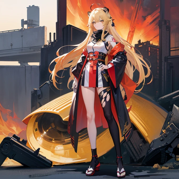 full-body shot(best quality),masterpiece, Very beautiful girl, Very detailed, Amazing, fine details, official art, Super detailed, High resolution, A girl stands in front of a tiger, (Taoism), Beautiful and meticulous girl, There is light on the face, nobody, Flowing blonde hair, Mechanical Lady, Mechanical Armor, water, Armored, Pink mech, Honey Mecha, Machinery,burning city, broken streets, ruins,Motorcycle Friends,horizon,(whole body:0.8),upper bust_Body,,Taoism,flower,Long Er,Bathyscaphe，tarot，(masterpiece, highest quality), (Detailed Hair), Very detailed, Anime Style, whole body, alone, Concept Art, Science Fantasy Combat Girl, Neck-length black and yellow hair, Golden Eyes, His right hand has been modified into a deadly cybernetic claw.. Cyber Kimono, Torn red scarf, Cyber Horned, Wearing tabi socks, White Background, whole body, Standing in the wasteland,Miss, witch hunter, Super detailed, Japanese hairstyle, Surreal robotic arm
