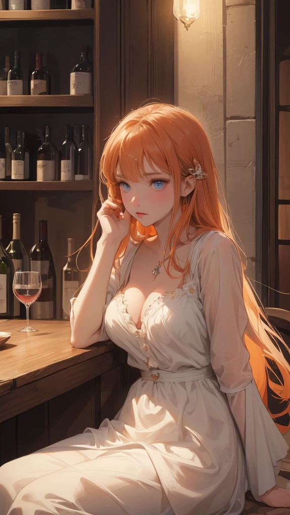 beautiful girl, rosto angelical, extremely sad expression, (melancholic), holding a glass of wine, sitting at the counter of a wine cellar, blue colored eyes, hair orange, work of art, ((ultra detaild)), ((4K)), depressed, tears in the eyes, taking a deink