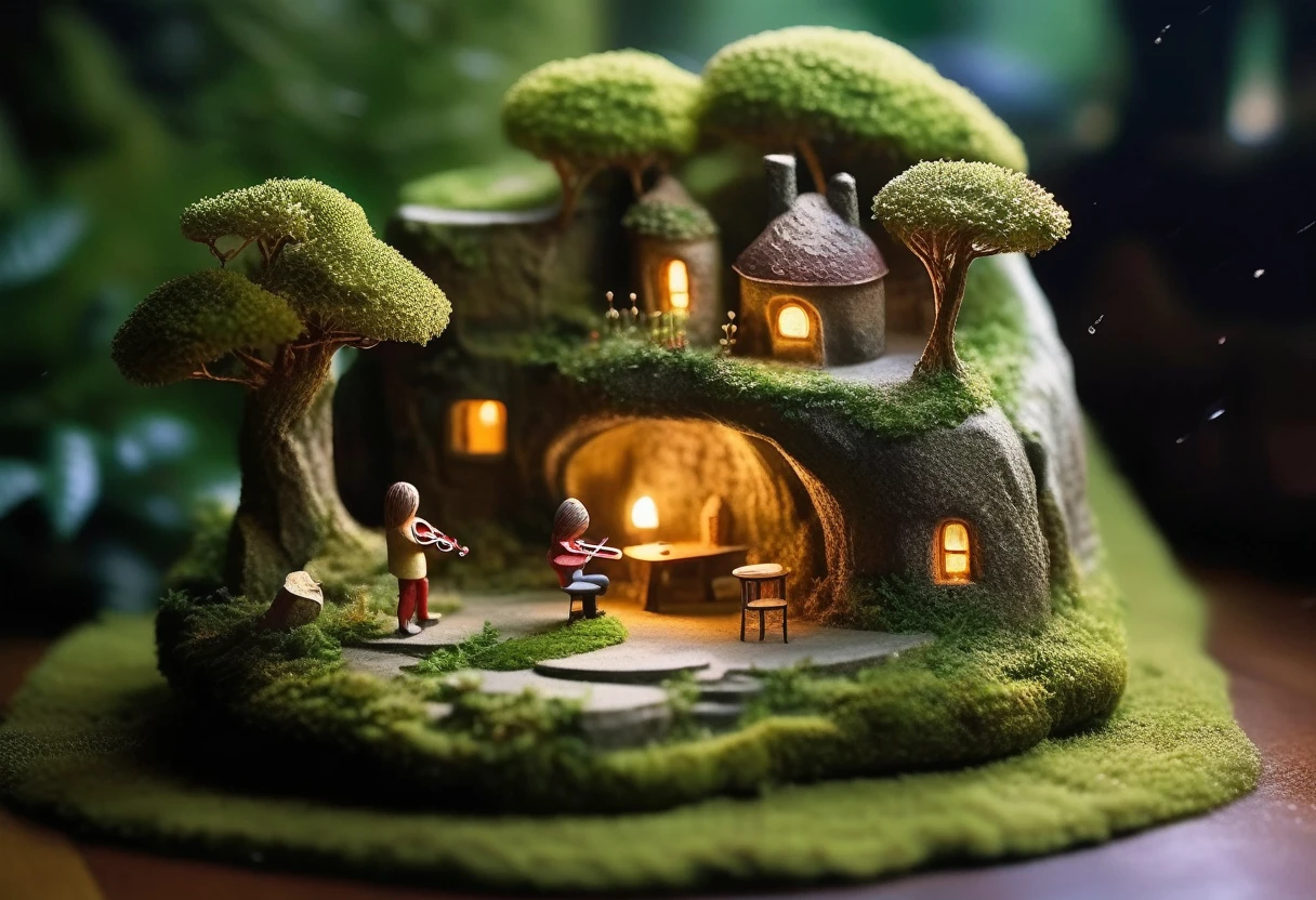 A miniature, magical, stone-carved house nestled within a mossy rock formation, surrounded by lush greenery and trees. The house is lit from within, casting a warm glow on the tiny figures of musicians playing instruments, creating a whimsical and enchanting scene. The image is captured in a soft, diffused light, with a gentle rain falling, adding a touch of serenity and mystery to the overall mood.