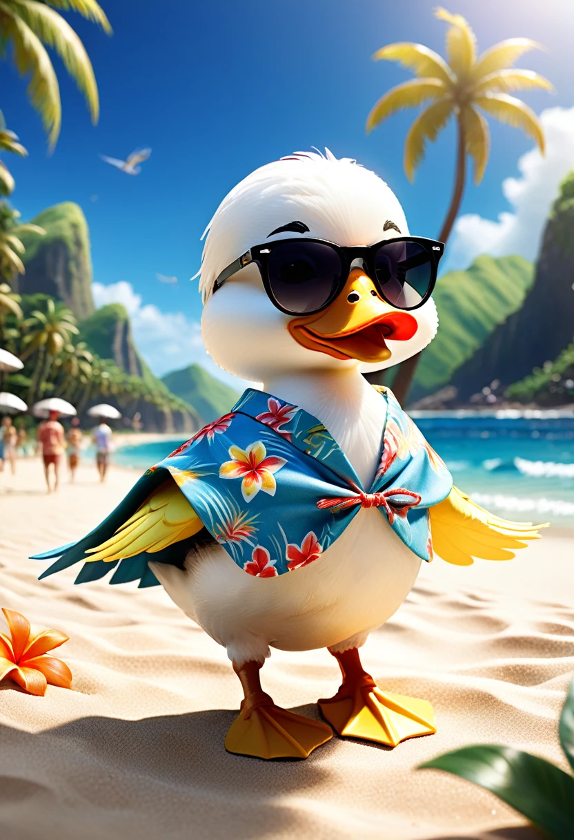 Esbian all over body、Cool white duck、Pop White Duck、Diorama、Simple Background、sunglasses、Aloha Shirt、tropical、Beach Background、Cape、Best Quality, Capture the cutest moments, Depth of written boundary, Super detailed, Ultra-high resolution, Octadale, 8k, 16km race