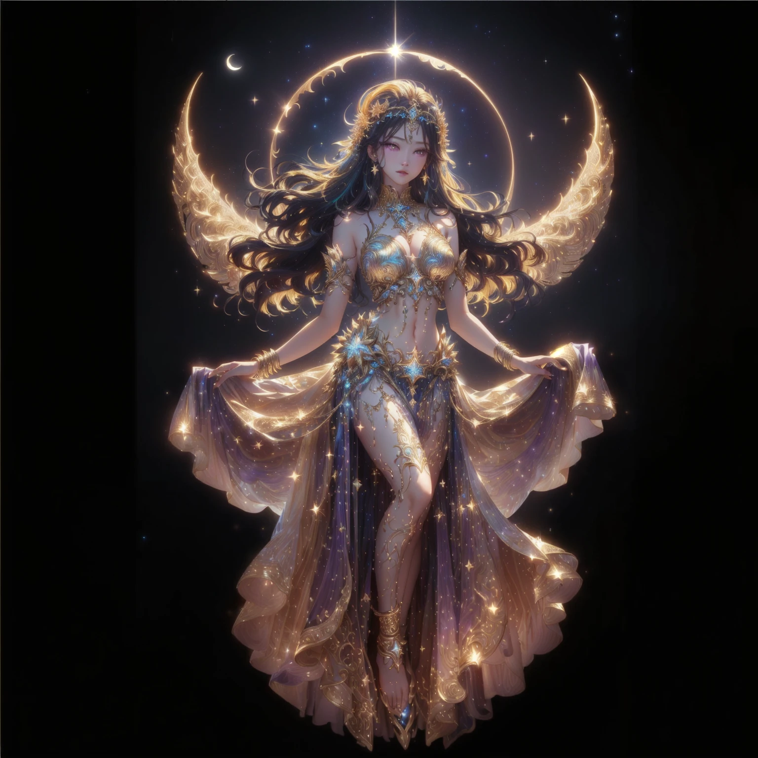A woman in a golden dress stands in front of a starry sky., celestial goddess, beautiful heavenly mage, gorgeous goddess of leo, Argerm Julie Bell Beeple, goddess of light, moon goddess, as the goddess of the sun, Carole Bak and Peter Mohbacher, goddess. Very high detail, goddess of the sun, lunar goddess , Saw the navel. , star background , Light yellow hair , golden sparkle , purple eyes , thigh , ประดับthighสีทองวิจิตร , Ornate gold anklet , realistically
