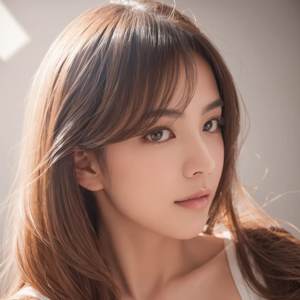 A close-up portrait of a Japanese woman in a studio setting, showcasing her expertly styled, light-colored hair that exudes a fresh-from-the-salon look with natural, dynamic movement and soft waves framing her face. Her eyes are the focal point, featuring long, voluminous eyelashes and precise, dark eyeliner. Her cheeks have a soft blush. The portrait stops at her shoulders, with no hands visible in the frame. The studio lighting brilliantly illuminates her face and hair, emphasizing her eyes, eyelashes, eyeliner, and the dynamic movement of her hair. The lighting creates an interplay of light and shadow that accentuates the hair's texture and movement. The background is pure white, creating a clean and bright atmosphere with no other elements present.
