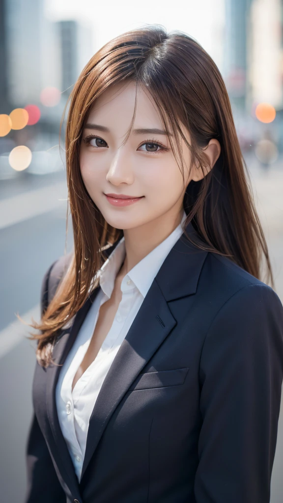 Tabletop、Highest quality、Genuine、Very detailed、finely、High resolution、8k wallpaper、One beautiful woman、、、light brown disheveled hair、Wear a business suit、Sharp focus、Perfect dynamic composition、Beautiful and detailed、Thin Hair、Detailed Genuine skin texture、smile、Model body type、Tokyo in the Morning、