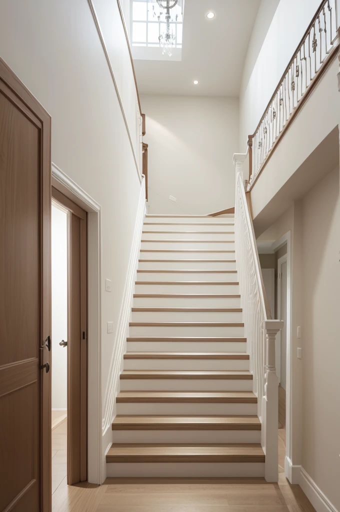 Make a big wide staircase going down,old and in white tones and pictures on the neutral walls