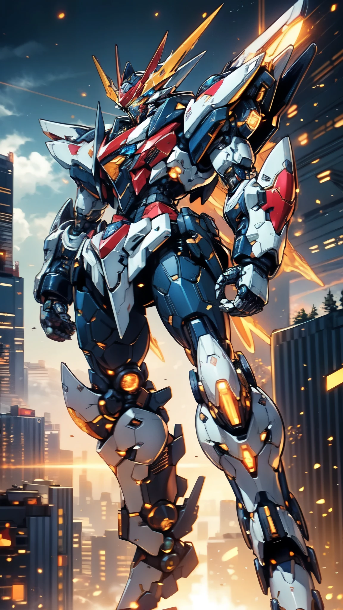 (masterpiece:1.5, best quality:1.5, extremely delicate:1.5), humanoid Mecha, fully enclosed shoulder guards, matching arm and leg guards, full body, full armor, the design balances heavy with agility, (the color scheme is primarily white with red and blue accents, the concept Inspired by Super robot, organic biotech armor, standing, floating high above the futuristic sci-fi city), exquisite and mature art style, (aura effect, energy, glowing eyes, the armor glows), ((SRS)), metallic, dramatic, high definition, highres, ultra-detailed, ultra-fine painting, professional, perfect body proportions, anatomically correct, symmetrical face, extremely detailed eyes and face, high quality eyes, creativity, RAW photo, UHD, 32k, Natural light, cinematic lighting, masterpiece-anatomy-perfect