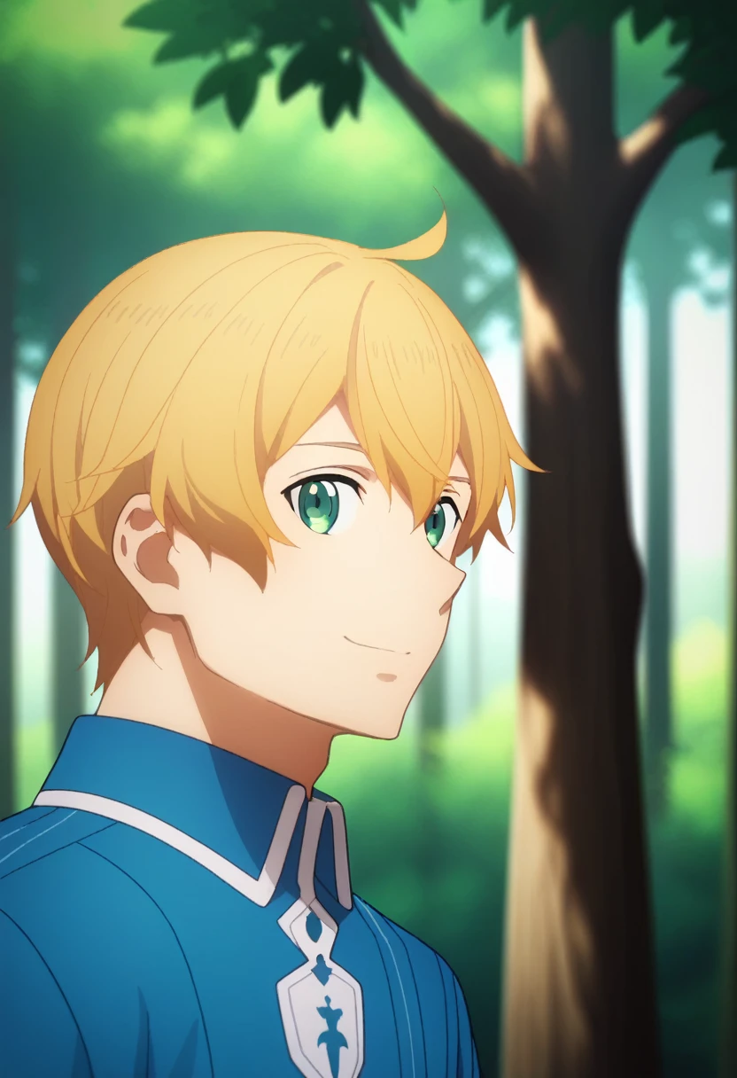 score_9, score_8_up, score_7_up, source_anime, rating_safe, , (photorealistic:0.6), looking at viewer, depth of field, 1boy, solo, male focus, eugeo, yellow hair, green eyes, blue overcoat, blue pants, from side, upper body, forest, noon, leaning on tree, smile, ,