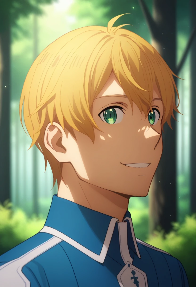 score_9, score_8_up, score_7_up, source_anime, rating_safe, , (photorealistic:0.6), looking at viewer, depth of field, 1boy, solo, male focus, eugeo, yellow hair, green eyes, blue overcoat, blue pants, from side, upper body, forest, noon, leaning on tree, smile, ,