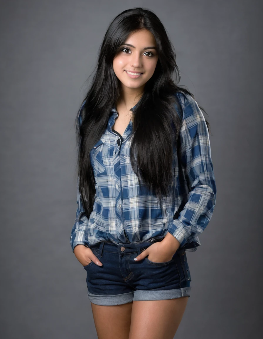 Full body image of A college going girl, with long black hair and hazel eyes