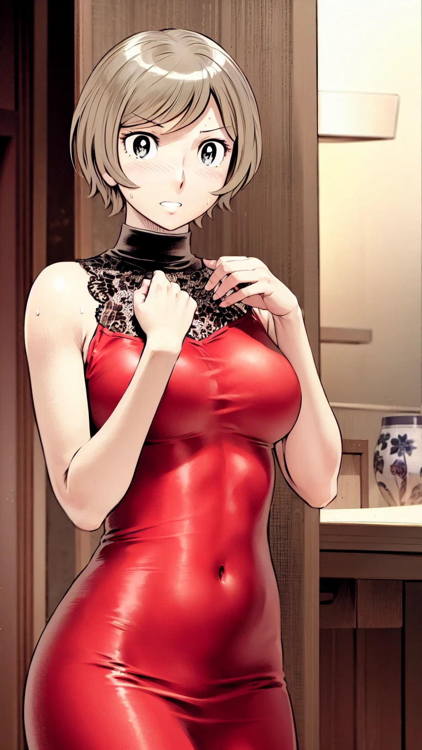 、(masterpiece、Highest quality)、Highest quality, Ultra-high resolution, (((masterpiece))), alone, Sweat、Big eyes, Sleeveless、Outdoor、Floral Dress、Composition from the front、(後ろCut your hair short、short hair、blonde、woman)、Shortcuts、Embarrassed face、Cut your hair short、可愛いwomanの子、Big Breasts、Browsing Caution