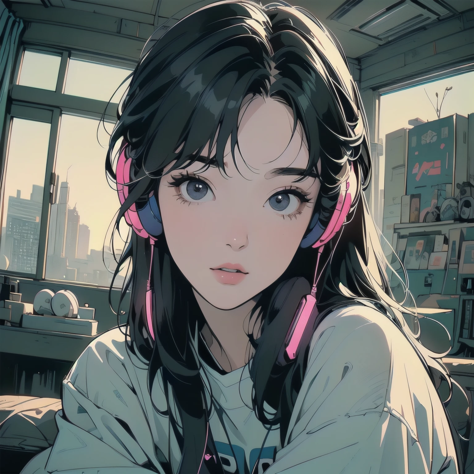 sitting on the couch in the living room、One woman, (((Perfect very beautiful face)))、(((東京のrooftopパティオ))), Futuristic Apartment, rooftop, Cyberpunk settings, Decaying house. Lo-fi portrait by the window, Cozy place, Post-apocalyptic perspective, Cyberpunk Apartment, (((whiteTshirt))), Mr.々Angle、(((Very dull color)))、Ultra detailed background、Detailed Hair、Cowboy Shot、(((A room with many machines)))、(((gear)))、flower、(((Fisheye Lens)))、Gorgeous light leaks、(((neon)))、Flat Chest、(((Intricately detailed headphones)))、(((perfect headphones)))