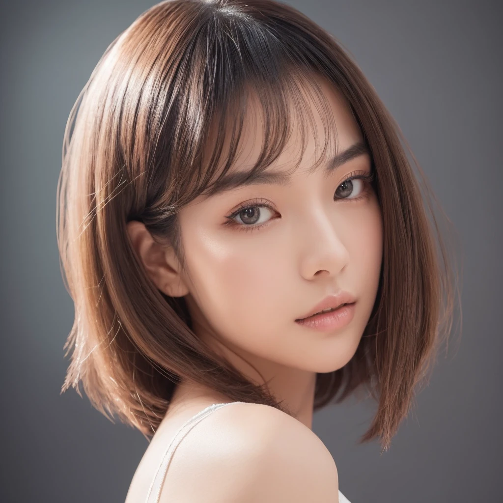 A close-up portrait of a Japanese woman in a studio setting, showcasing her expertly styled, light-colored hair that exudes a fresh-from-the-salon look with natural, dynamic movement and soft waves framing her face. Her eyes are the focal point, featuring long, voluminous eyelashes and precise, dark eyeliner. Her cheeks have a soft blush. The portrait stops at her shoulders, with no hands visible in the frame. The studio lighting brilliantly illuminates her face and hair, emphasizing her eyes, eyelashes, eyeliner, and the dynamic movement of her hair. The lighting creates an interplay of light and shadow that accentuates the hair's texture and movement. The background is pure white, creating a clean and bright atmosphere with no other elements present.