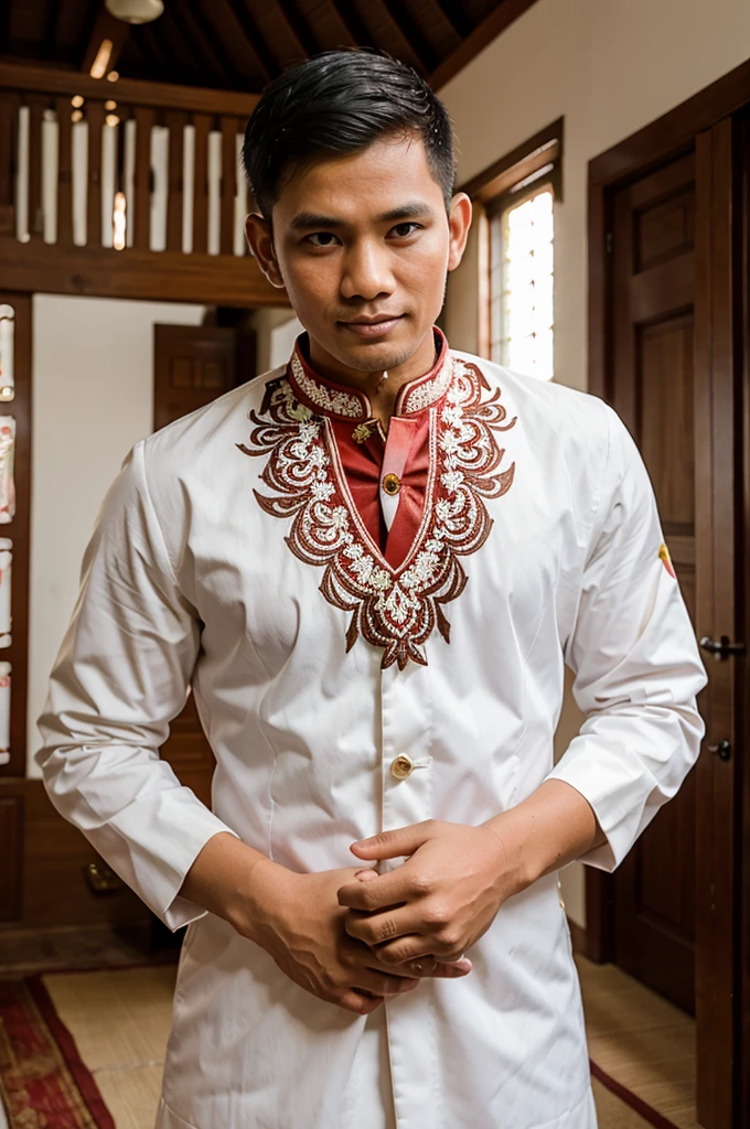 The groom wore traditional Indonesian clothing