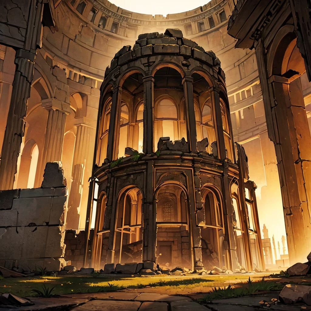 ((((No humans))))、Best illustrations、Best Quality、(Ancient ruins、desert、Grass)、Fall to the floor、(middle ages)、battlefield、explosion、rubble、destruction、(Shining Temple)、From below
