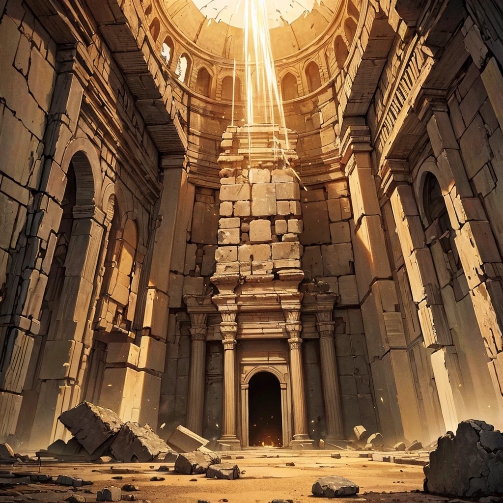 ((((No humans))))、Best illustrations、Best Quality、(Ancient ruins、desert、Grass)、Fall to the floor、(middle ages)、battlefield、explosion、rubble、destruction、(Shining Temple)、From below
