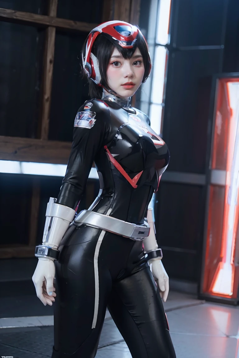 realistic、realistic、cinematic lighting, Girl in a powerranger suit、18 years old、professional photos、Do not expose your skin, japanese model, japanese cgi、tight and thin cyber suit,Whole body rubbery、delicate body, big breasts、small ass、thin thighs、thin arms、thin waist、camel toe、Both sides of the cyber suit stick to the skin、Big eyes、black short hair、facing the front、facing the front、 blue sky background, SPD Suit、, Power Rangers Suit、red and black suit,