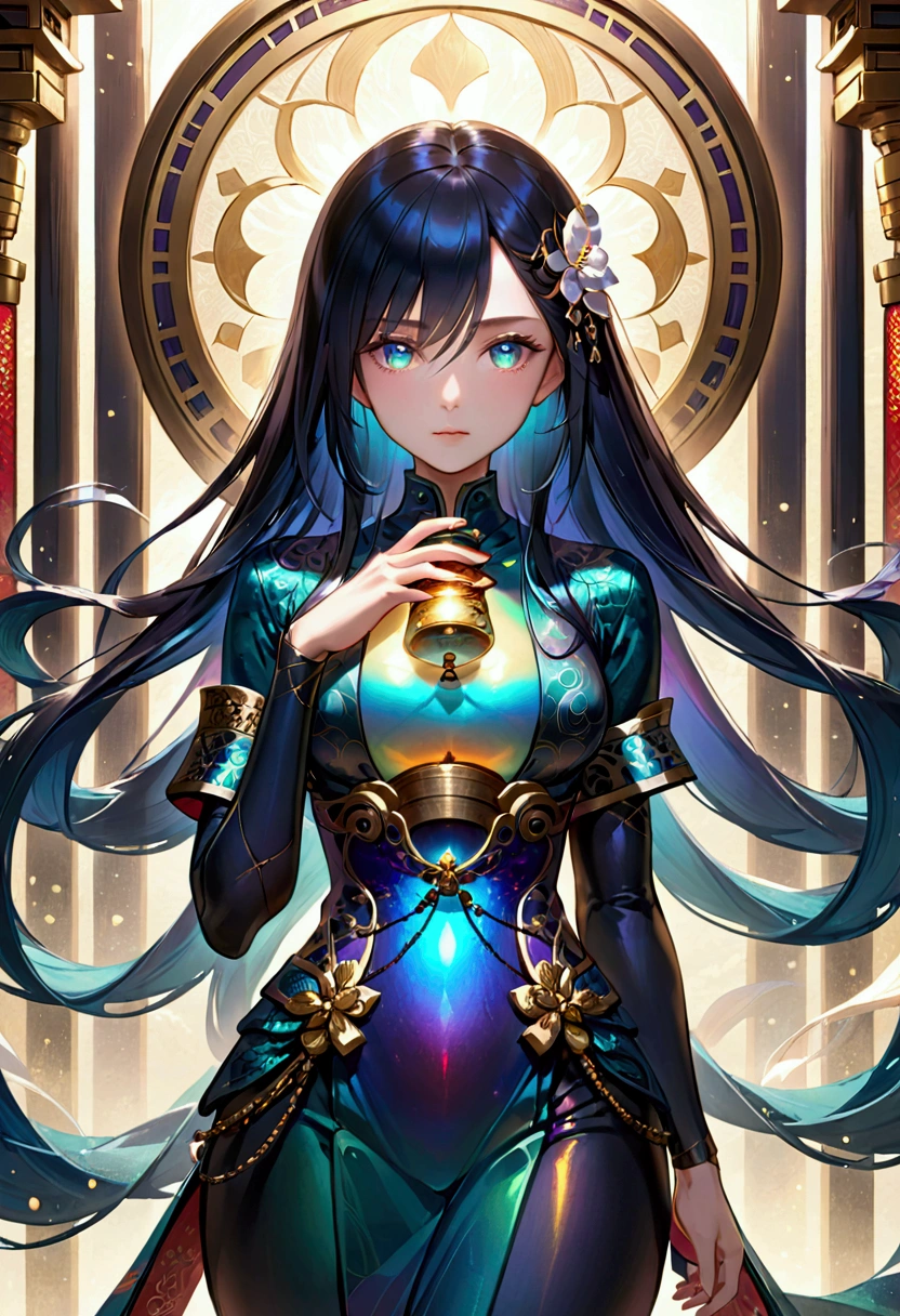 Long dark iridescent hair,iridescent eyes, hourglass body figure, tall, shinobi