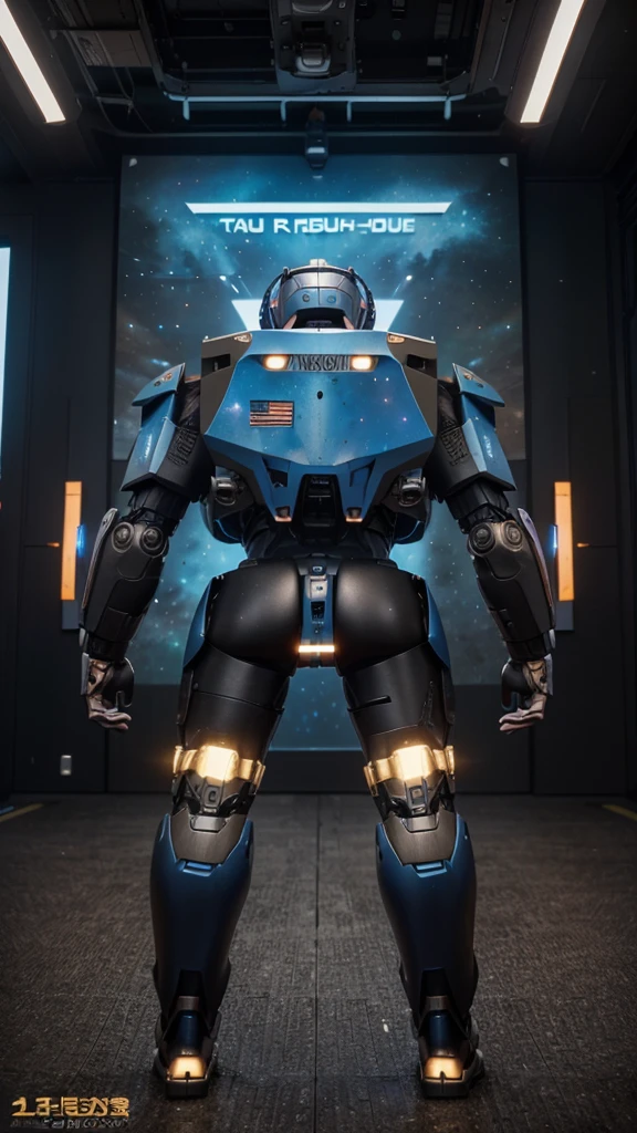 (huge battle mech, actual, actual, Full front and back display, Rich in specific details, Very three-dimensional: 1.2, Can travel to and from the universe, Design style, Excellent color matching, The details of the cab are perfectly displayed, Background is the universe galaxy)