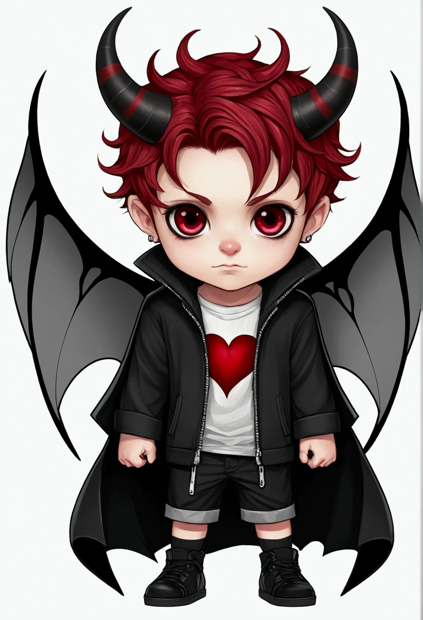 chibi drawing, Boy, he has red hair, 2 black horns and burgundy eyes, with his right eye having a black color around it. He wears a black coat with two light gray stripes dividing the coat horizontally and a zipper dividing it vertically. He also wears black shorts and shoes of the same color. Scott has a pair of small black wings on his back and a demon tail that transitions from black at its base to red at its tip shaped like an inverted heart. waves