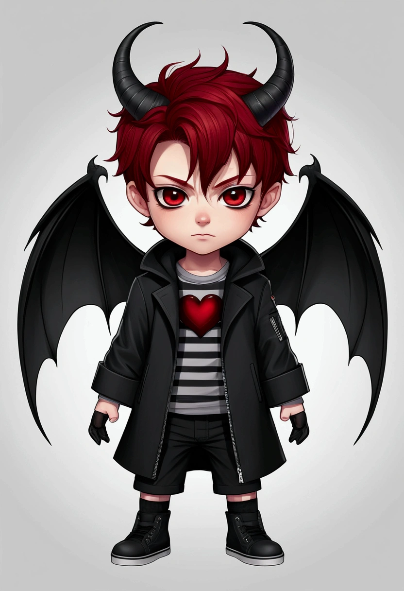 chibi drawing, Boy, he has red hair, 2 black horns and burgundy eyes, with his right eye having a black color around it. He wears a black coat with two light gray stripes dividing the coat horizontally and a zipper dividing it vertically. He also wears black shorts and shoes of the same color. Scott has a pair of small black wings on his back and a demon tail that transitions from black at its base to red at its tip shaped like an inverted heart. waves