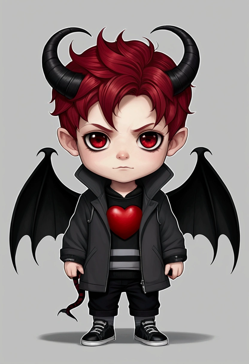 chibi drawing, Boy, he has red hair, 2 black horns and burgundy eyes, with his right eye having a black color around it. He wears a black coat with two light gray stripes dividing the coat horizontally and a zipper dividing it vertically. He also wears black shorts and shoes of the same color. Scott has a pair of small black wings on his back and a demon tail that transitions from black at its base to red at its tip shaped like an inverted heart. waves