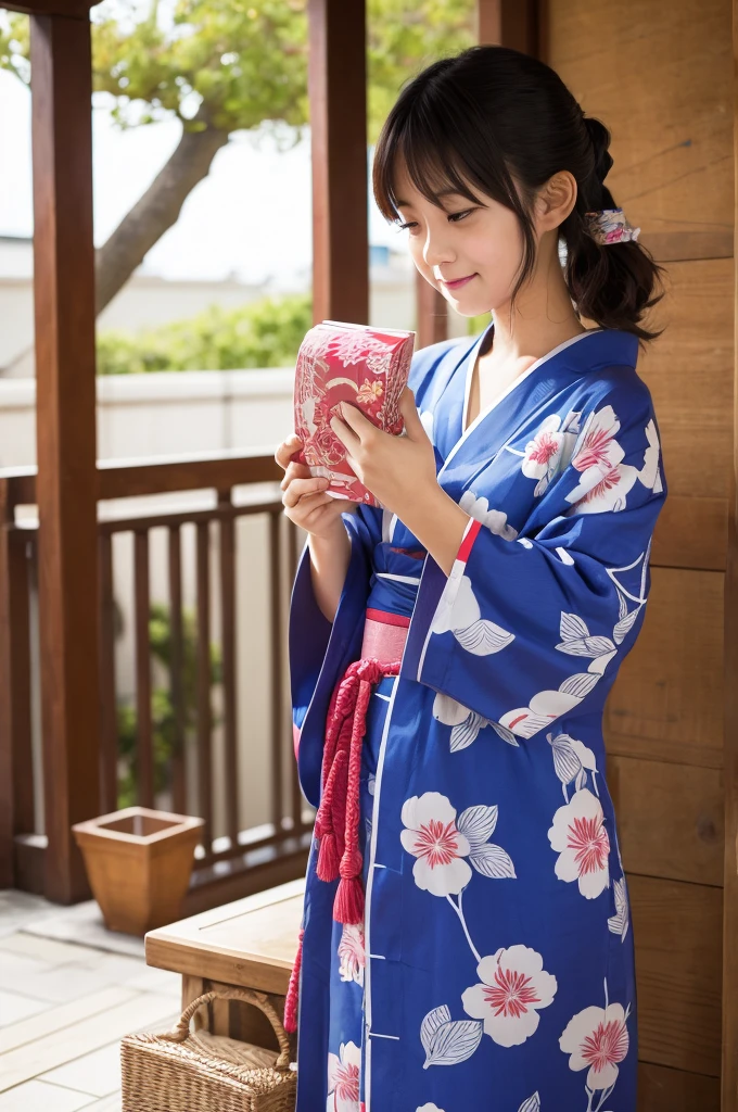 11 year old girl　Japanese　Light blue yukata　Realistic Skin　eating　桃