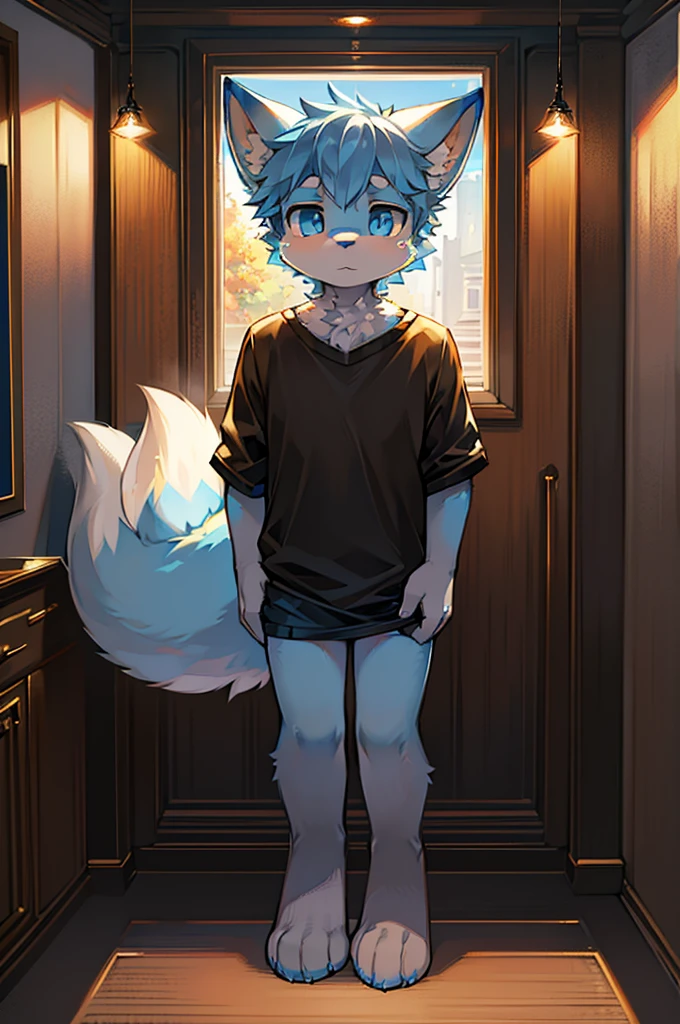 Normal scenario (Furry light blue fox boy), Standing,Facing the camera, ((Melancholy, Detailed face, Clear big eyes,blue eyes,Meticulous attention to detail)), Natural and soft lighting, 8K, SF Express, Autumn Light , peaceful , (Fluffy Paws), Front view,Wearing a shirt