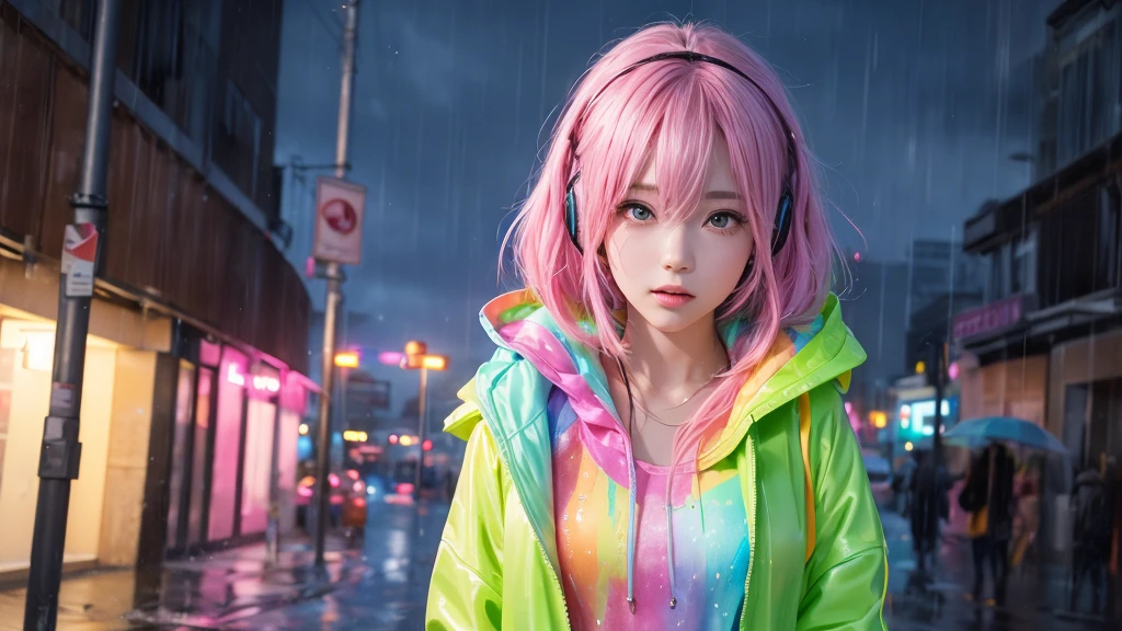 Pastel wind painting, rainbow colours, high quality painting, masterpiece, 4k, animation, pretty girl, pink side-tail hair, pink dress, Listening to music with headphones while holding an umbrella in the rain, I want the images to match 16:9 for YouTube, It's raining in the city background, Profile of a woman wearing headphones standing in the rain