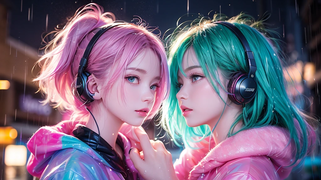 Pastel wind painting, rainbow colours, high quality painting, masterpiece, 4k, animation, pretty girl, pink side-tail hair, pink dress, Listening to music with headphones while holding an umbrella in the rain, I want the images to match 16:9 for YouTube, It's raining in the city background, Profile of a woman wearing headphones standing in the rain