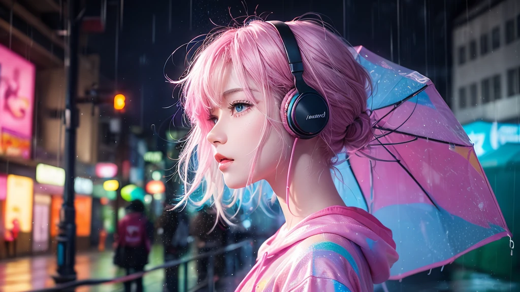 Pastel wind painting, rainbow colours, high quality painting, masterpiece, 4k, animation, pretty girl, pink side-tail hair, pink dress, Listening to music with headphones while holding an umbrella in the rain, I want the images to match 16:9 for YouTube, It's raining in the city background, Profile of a woman wearing headphones standing in the rain